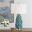 Pemberly Row Art Glass Table Lamp with Linen Shade in Teal Blue