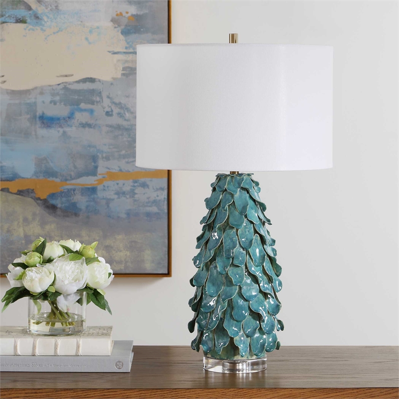 Pemberly Row Art Glass Table Lamp with Linen Shade in Teal Blue