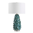 Pemberly Row Art Glass Table Lamp with Linen Shade in Teal Blue