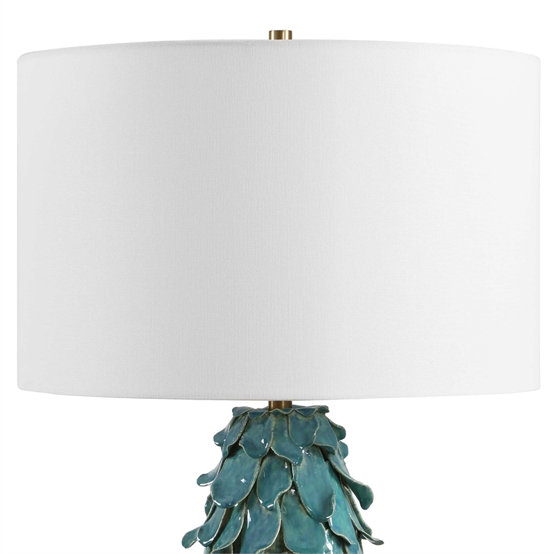 Pemberly Row Art Glass Table Lamp with Linen Shade in Teal Blue