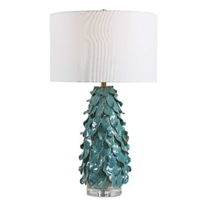 Pemberly Row Art Glass Table Lamp with Linen Shade in Teal Blue