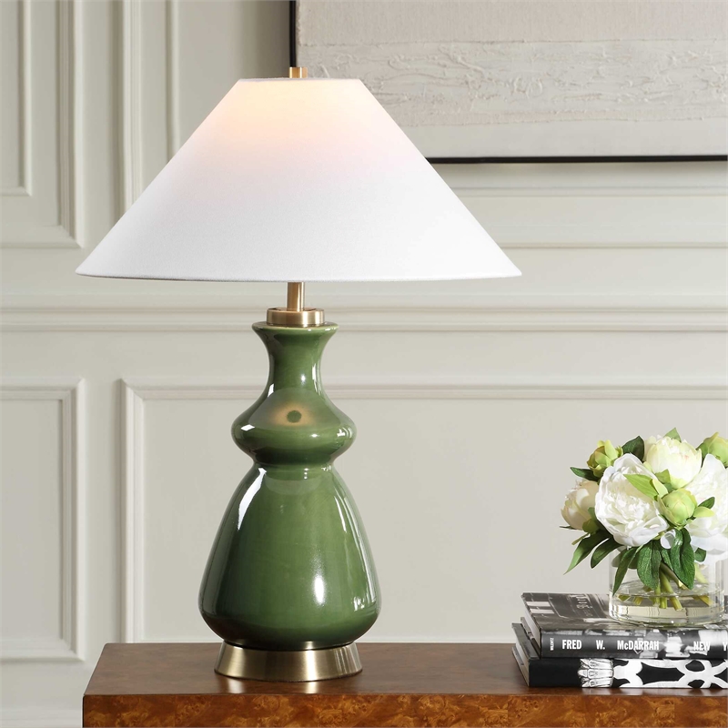 Pemberly Row Glazed Ceramic Table Lamp with Linen Shade in Green