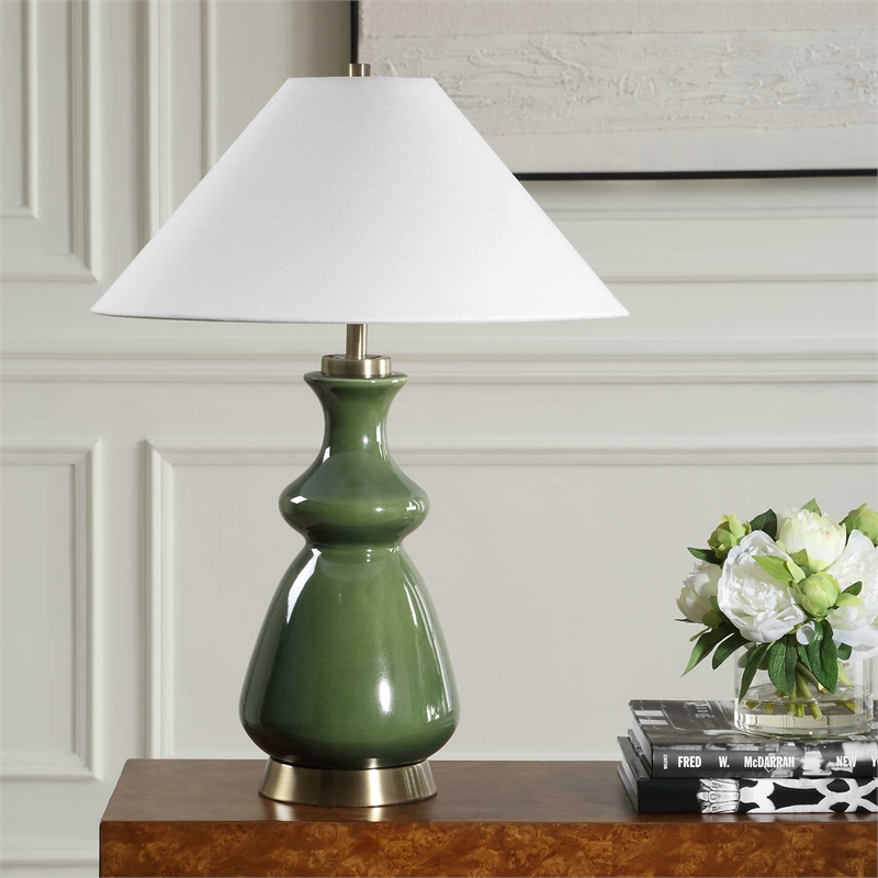 Pemberly Row Glazed Ceramic Table Lamp with Linen Shade in Green