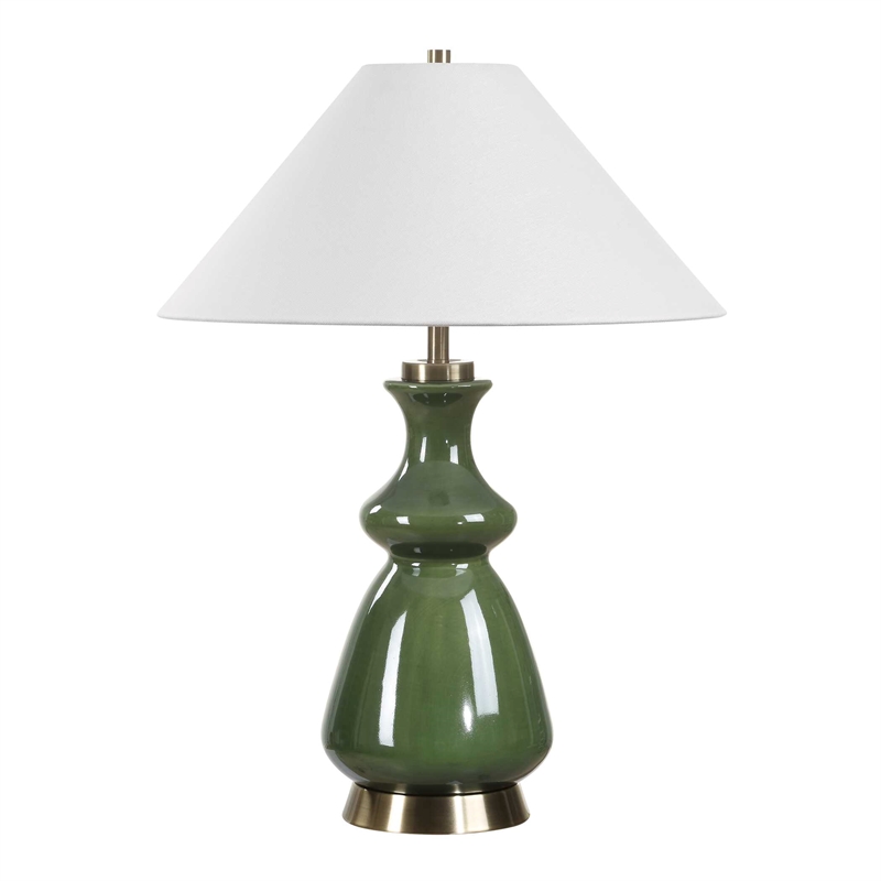 Pemberly Row Glazed Ceramic Table Lamp with Linen Shade in Green