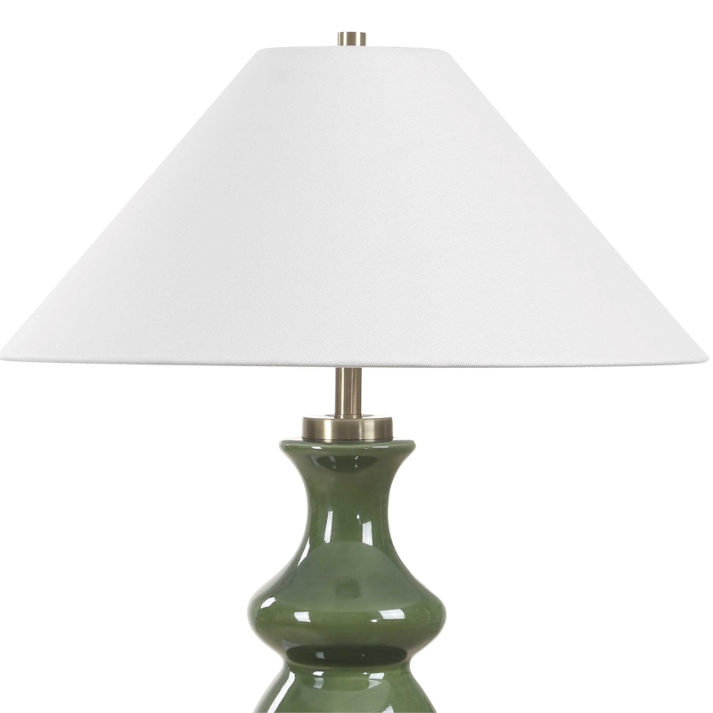 Pemberly Row Glazed Ceramic Table Lamp with Linen Shade in Green