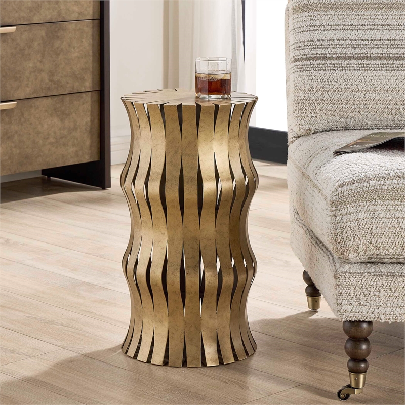 Pemberly Row Aged Gold Iron and Stone Accent Table with Glass Top