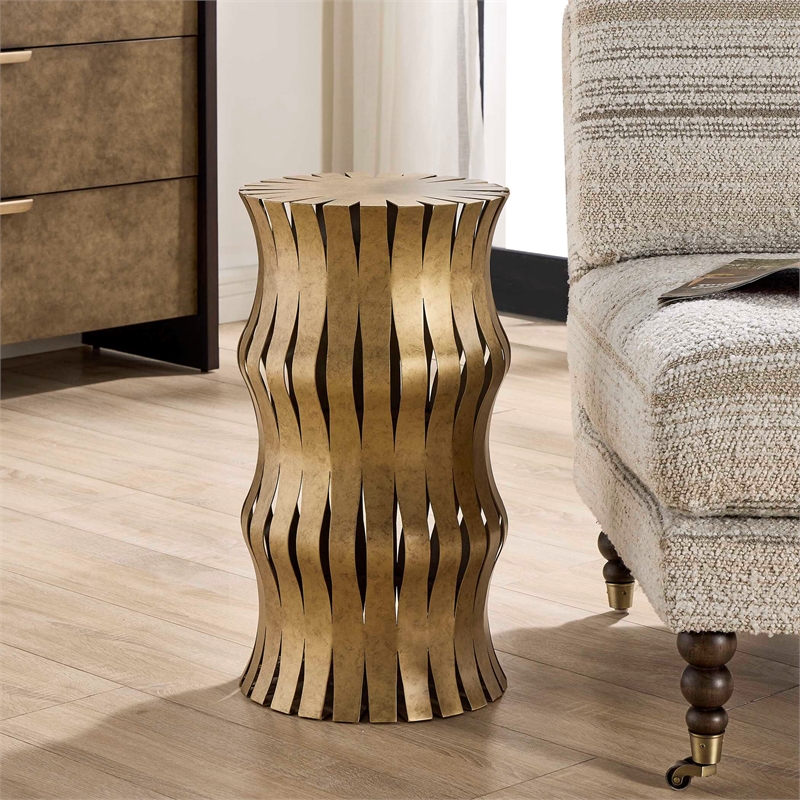 Pemberly Row Aged Gold Iron and Stone Accent Table with Glass Top