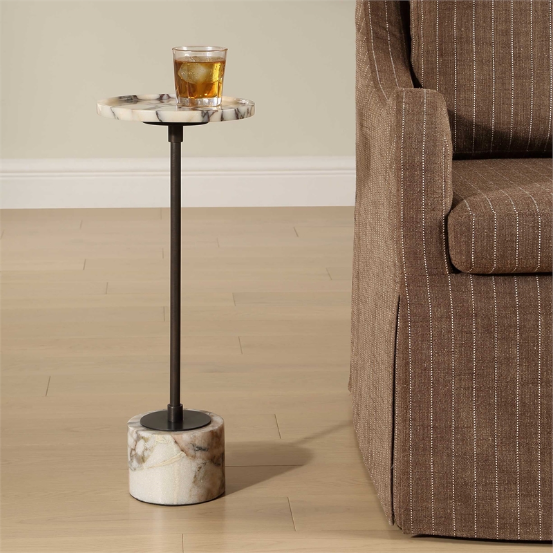 Pemberly Row Honed White Marble Round Drink Table with Iron Base