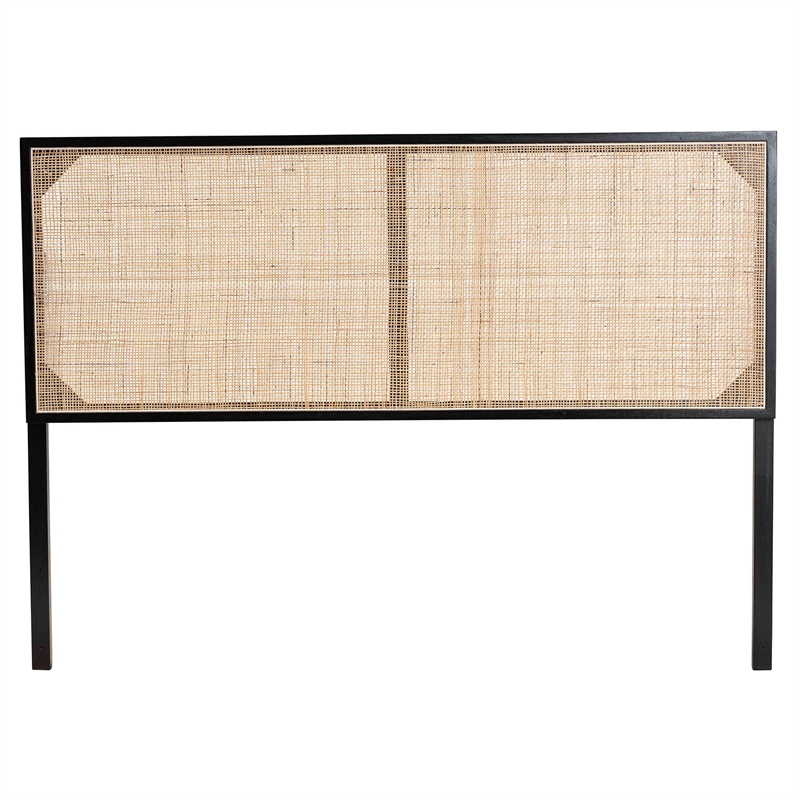 Pemberly Row Black Bayur Wood and Natural Rattan Queen Headboard