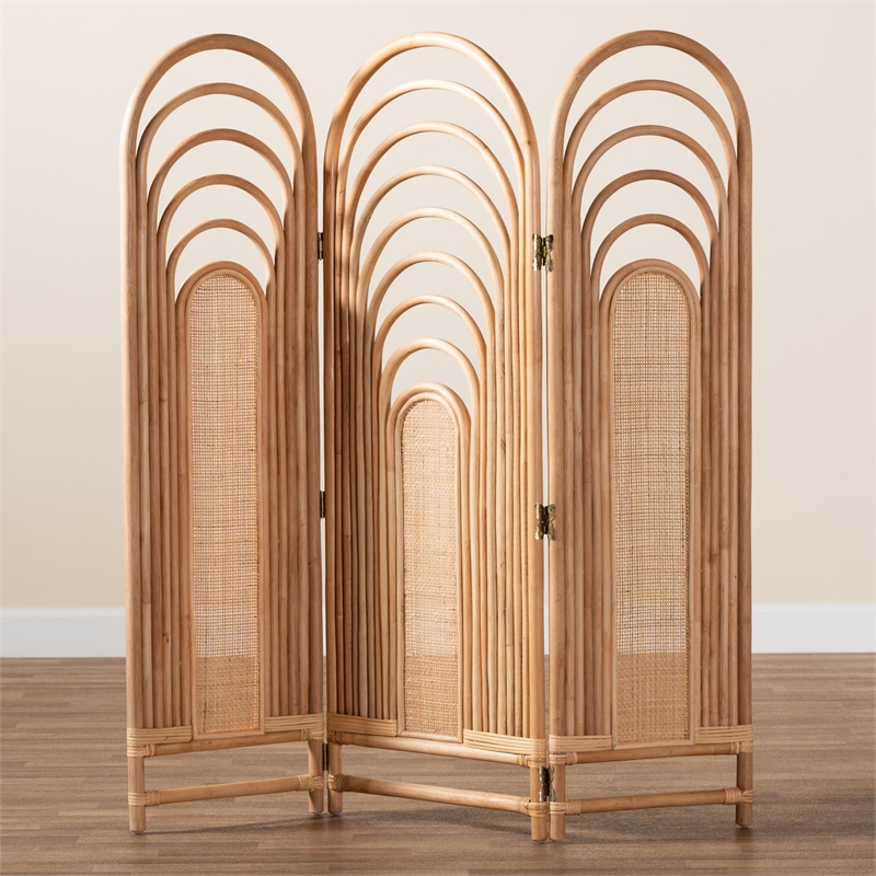 Pemberly Row Natural Brown Rattan Trifold Room Divider with Openwork