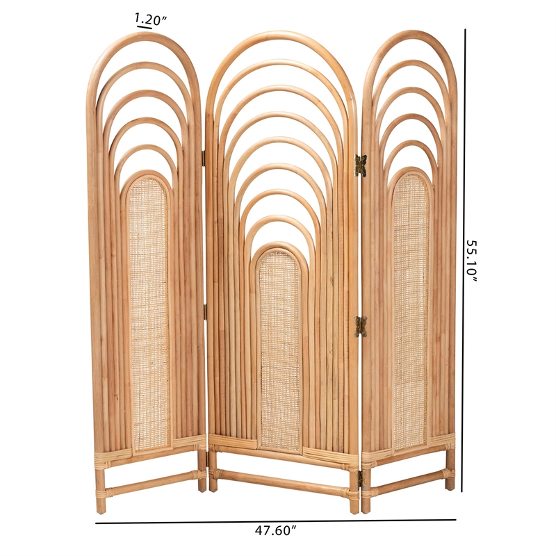 Pemberly Row Natural Brown Rattan Trifold Room Divider with Openwork