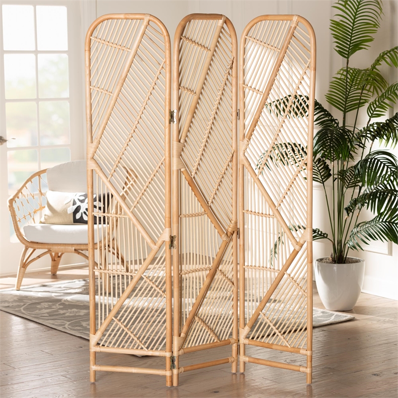 Pemberly Row Natural Brown Rattan Trifold Room Divider with Geometric Design
