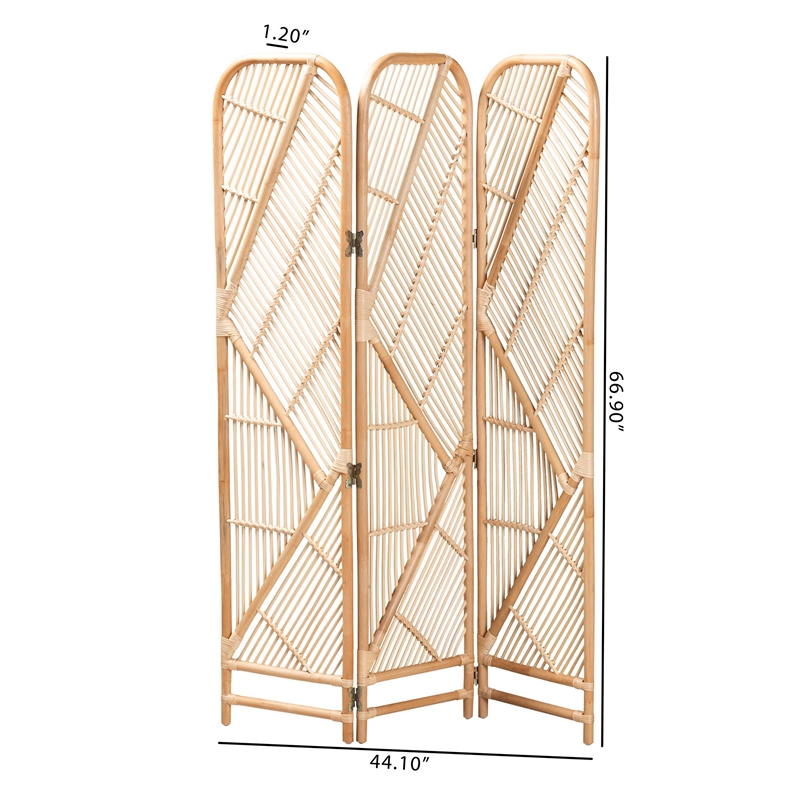 Pemberly Row Natural Brown Rattan Trifold Room Divider with Geometric Design