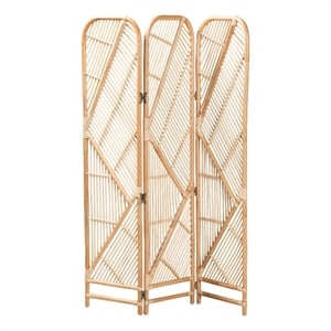 Pemberly Row Natural Brown Rattan Trifold Room Divider with Geometric Design