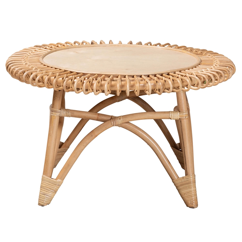 Pemberly Row Natural Rattan Round Coffee Table with Wood Top