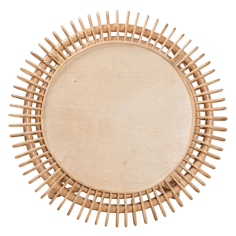 Pemberly Row Natural Rattan Round Coffee Table with Wood Top