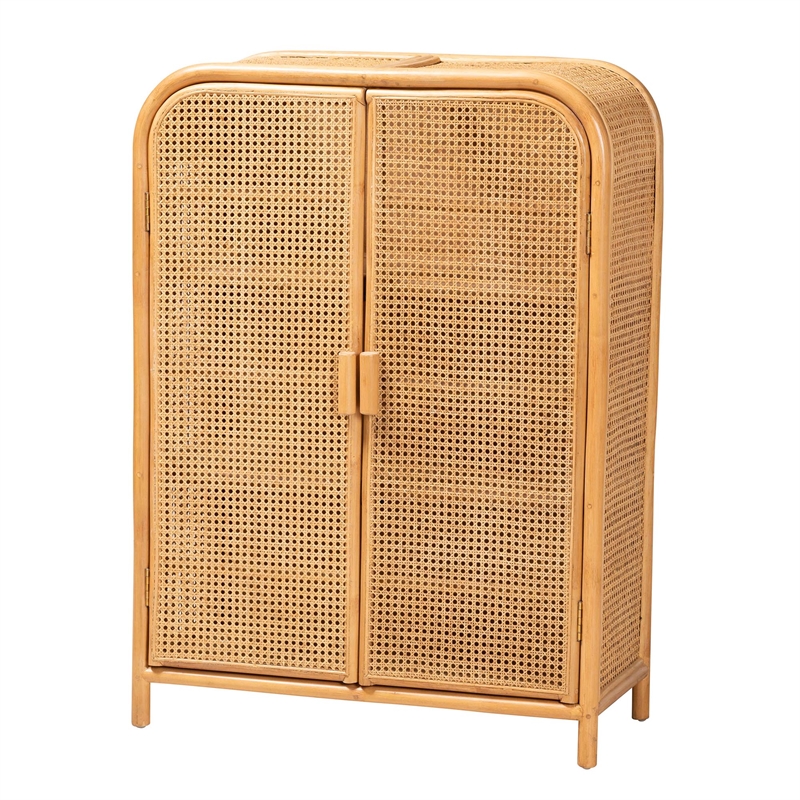 Pemberly Row Light Honey Rattan 2-Door Storage Cabinet with 3 Shelves
