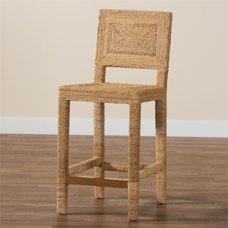 Pemberly Row Natural Seagrass and Mahogany Wood Counter Stool