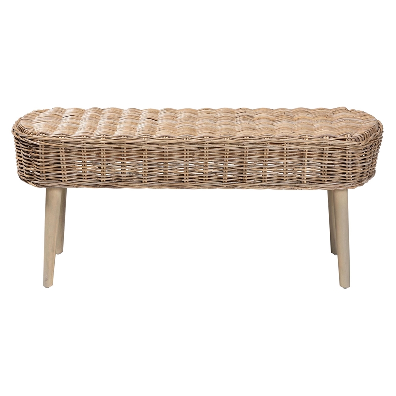 Pemberly Row Natural Kubu Rattan and Gray Acacia Wood Oval Accent Bench