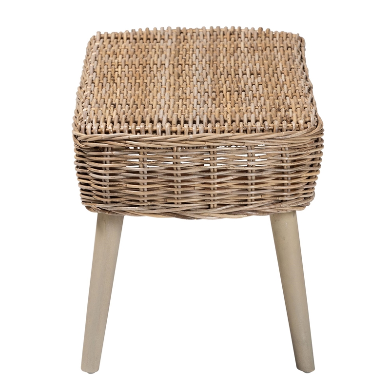 Pemberly Row Natural Kubu Rattan and Gray Acacia Wood Oval Accent Bench