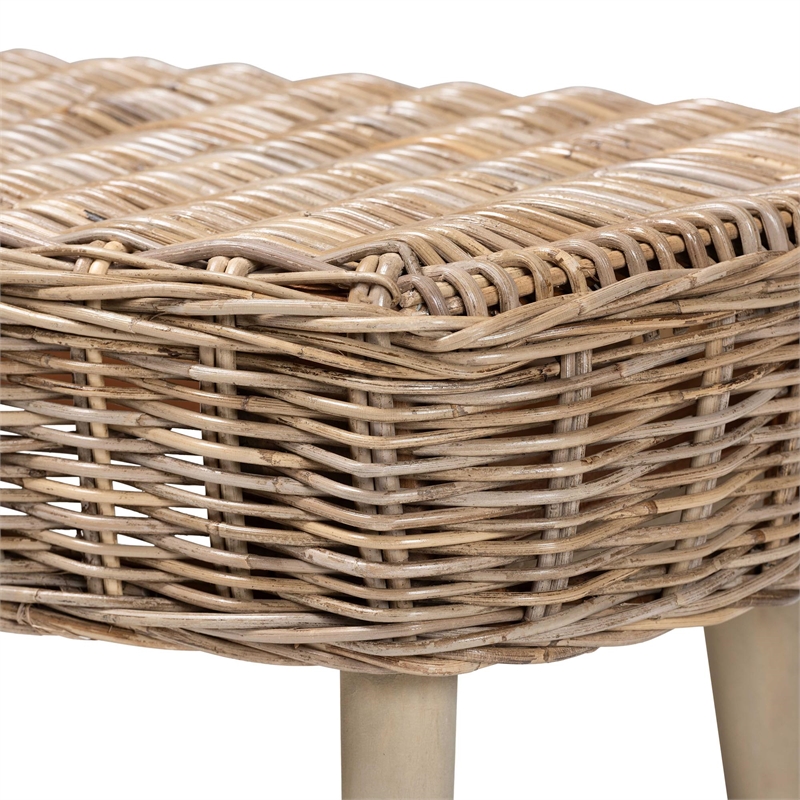 Pemberly Row Natural Kubu Rattan and Gray Acacia Wood Oval Accent Bench