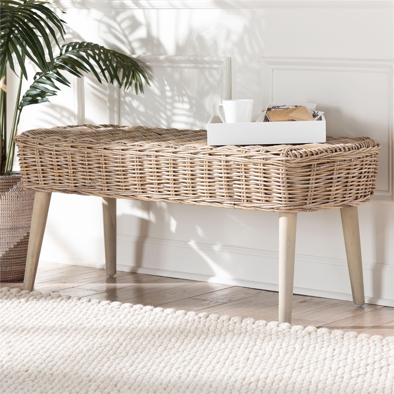 Pemberly Row Natural Kubu Rattan and Gray Acacia Wood Oval Accent Bench