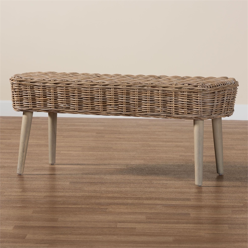 Pemberly Row Natural Kubu Rattan and Gray Acacia Wood Oval Accent Bench