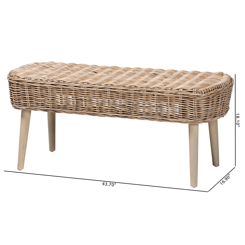 Pemberly Row Natural Kubu Rattan and Gray Acacia Wood Oval Accent Bench