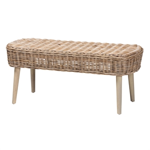Pemberly Row Natural Kubu Rattan and Gray Acacia Wood Oval Accent Bench