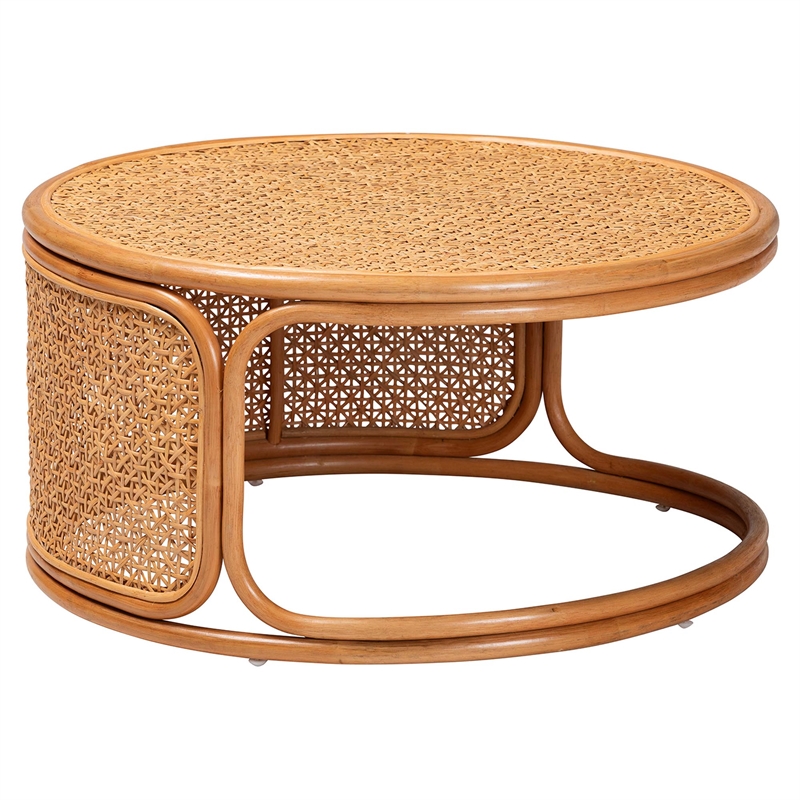 Pemberly Row Honey Rattan Round Coffee Table with Openwork Base