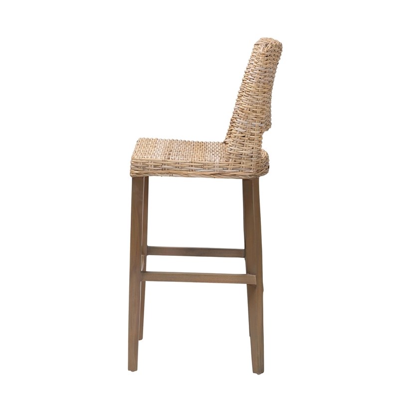 Pemberly Row Gray Kubu Rattan and Mahogany Wood Bar Stool with Footrest