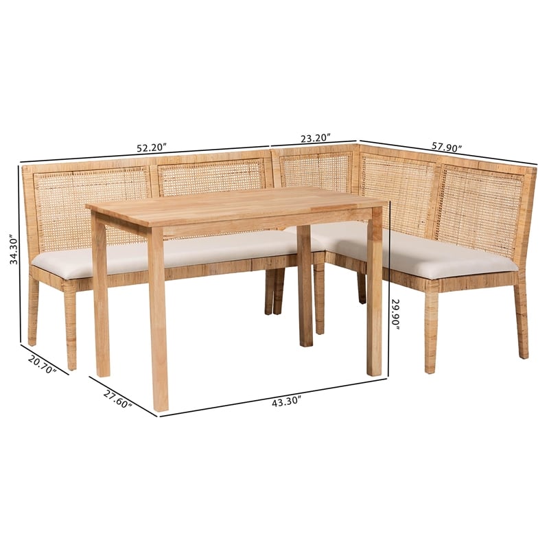 Pemberly Row Light Honey Rattan 3-Piece Dining Nook Set with Cushions