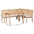 Pemberly Row Light Honey Rattan 3-Piece Dining Nook Set with Cushions