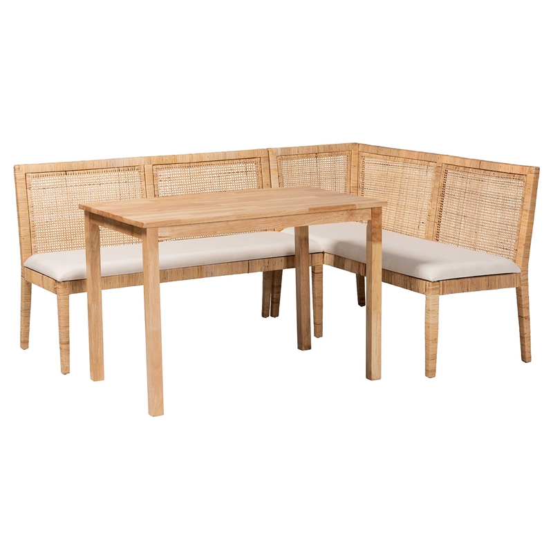 Pemberly Row Light Honey Rattan 3-Piece Dining Nook Set with Cushions