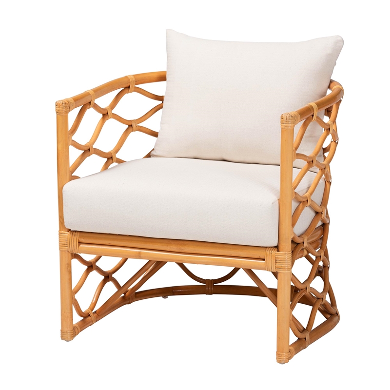 Pemberly Row Light Honey Rattan Arm Chair with Cushions and U-Shaped Base