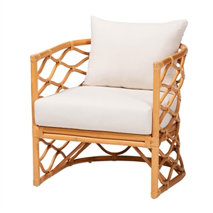 Pemberly Row Light Honey Rattan Arm Chair with Cushions and U-Shaped Base