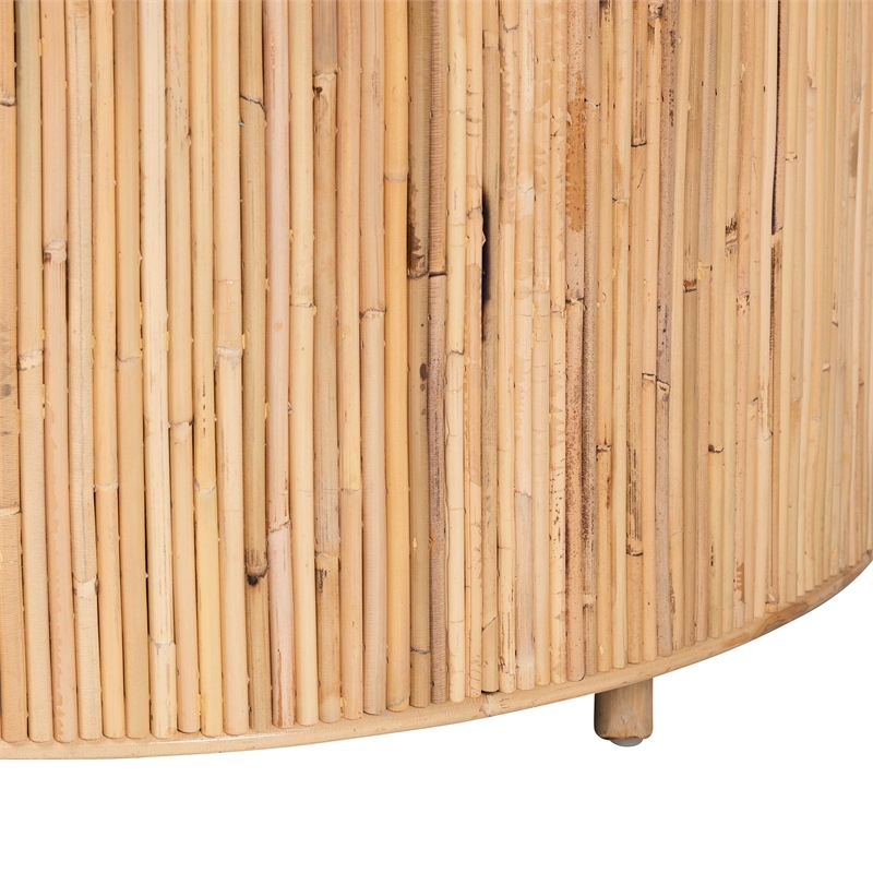 Pemberly Row Light Honey Rattan Round Coffee Table with Geometric Detail