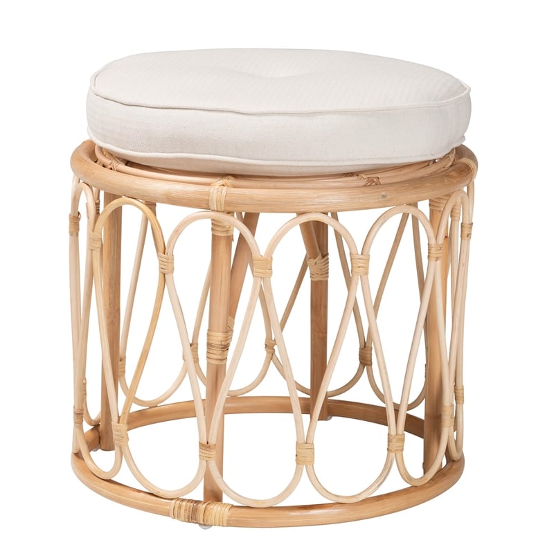 Pemberly Row Natural Rattan Round Ottoman Footstool with Cushion