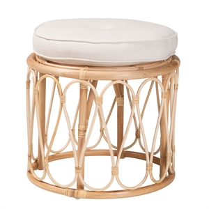 Pemberly Row Natural Rattan Round Ottoman Footstool with Cushion