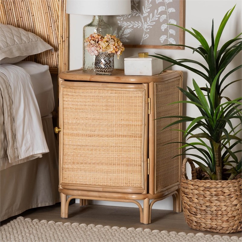 Pemberly Row Natural Rattan 1-Door Nightstand with 2 Shelves
