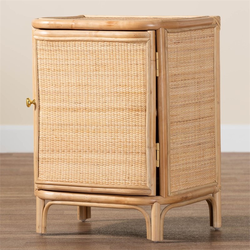 Pemberly Row Natural Rattan 1-Door Nightstand with 2 Shelves