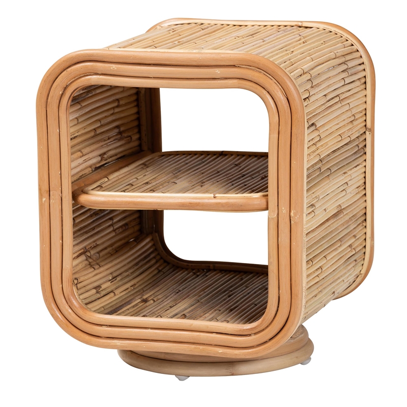 Pemberly Row Natural Rattan 2-Shelf Nightstand with Pedestal Base