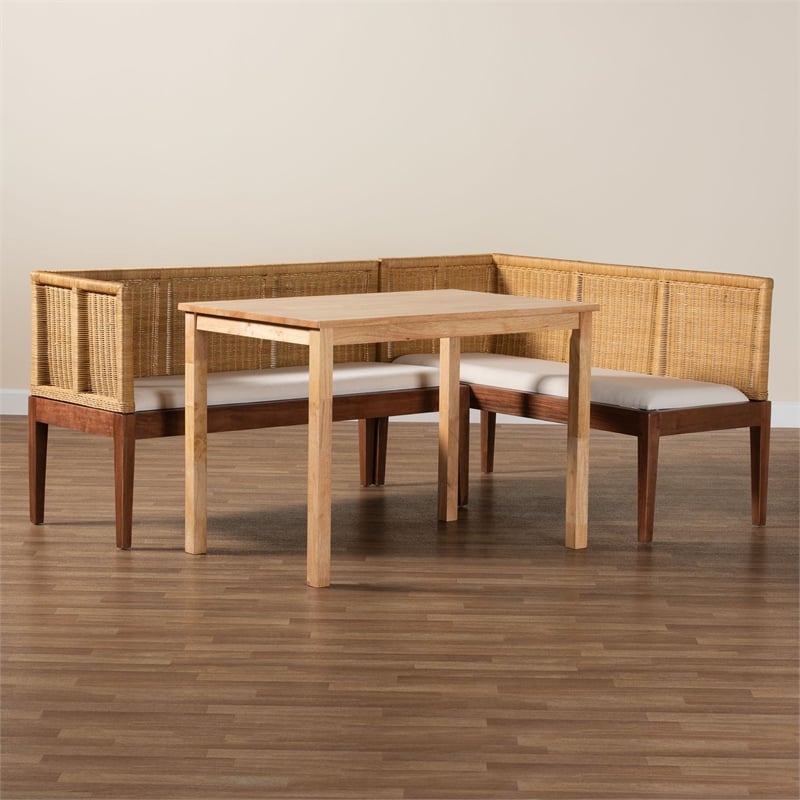 Pemberly Row Brown Rattan and Acacia Wood 3-Piece Dining Nook Set