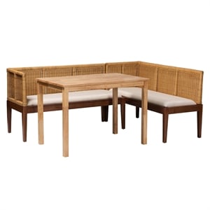 Pemberly Row Brown Rattan and Acacia Wood 3-Piece Dining Nook Set