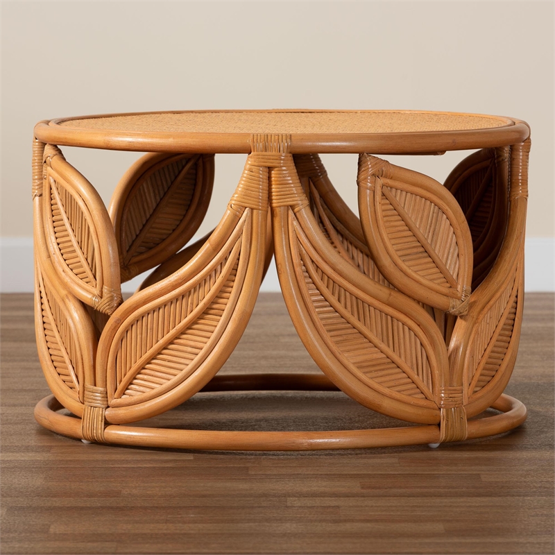Pemberly Row Natural Rattan Round Coffee Table with Floral Openwork