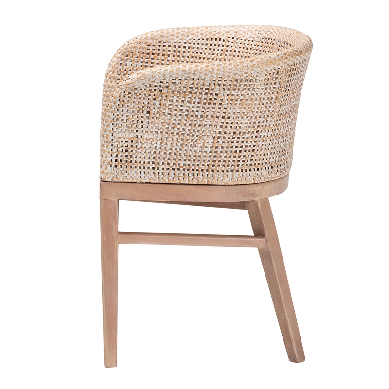 Pemberly Row Antique White Washed Rattan and Mahogany Wood Dining Chair