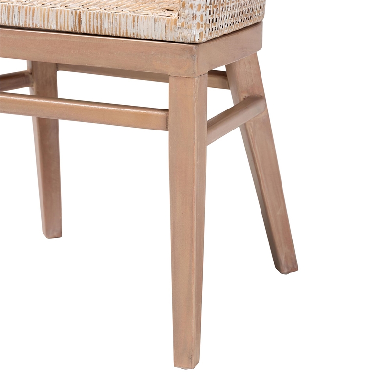 Pemberly Row Antique White Washed Rattan and Mahogany Wood Dining Chair