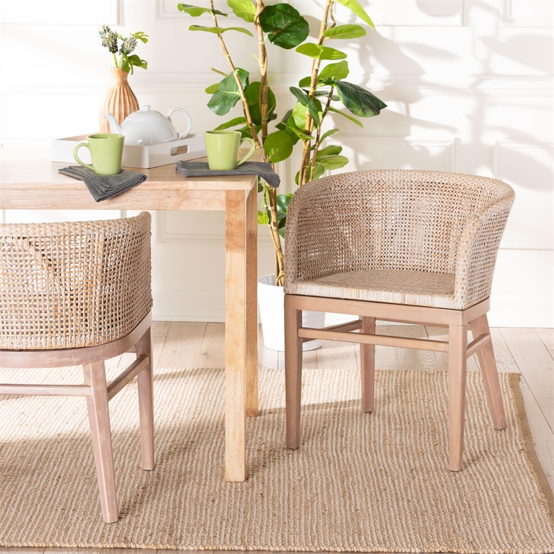 Pemberly Row Antique White Washed Rattan and Mahogany Wood Dining Chair