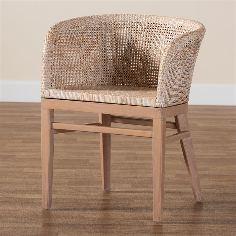 Pemberly Row Antique White Washed Rattan and Mahogany Wood Dining Chair
