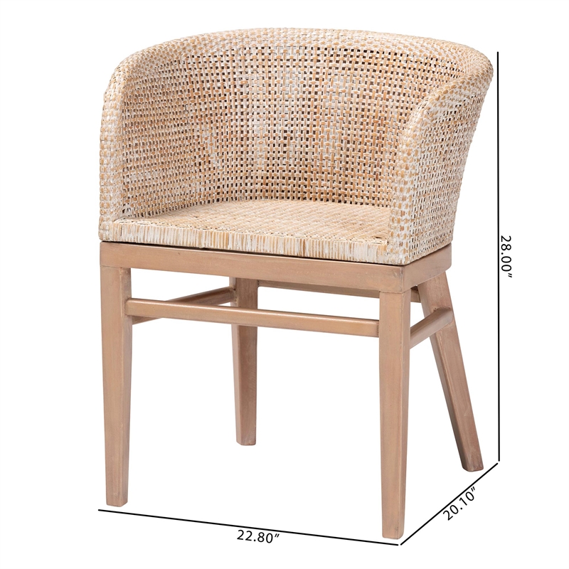 Pemberly Row Antique White Washed Rattan and Mahogany Wood Dining Chair